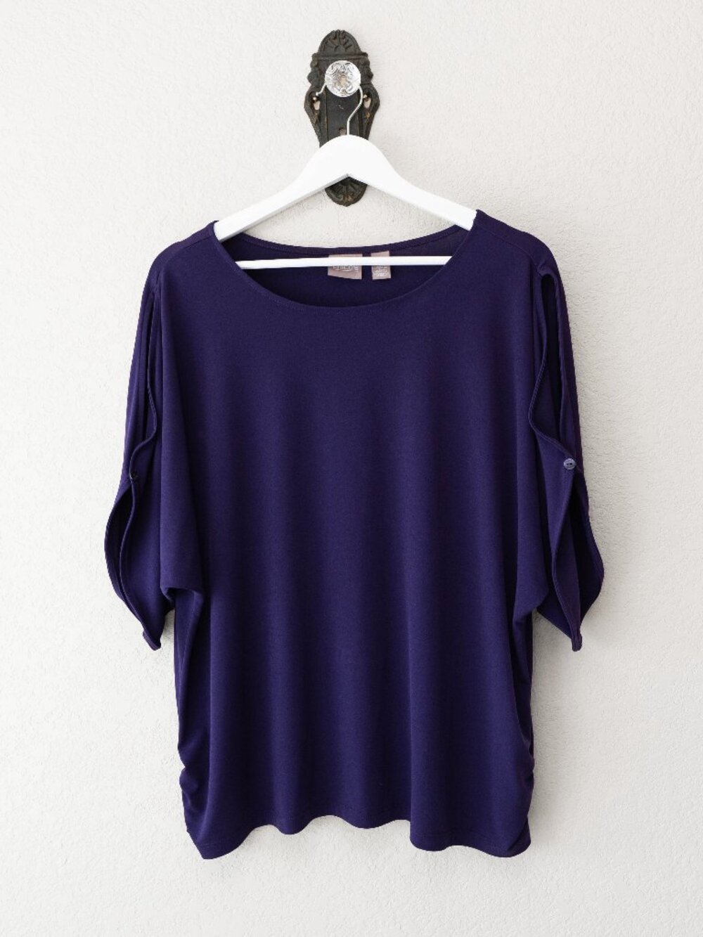 Chico’s Size 3 XL Purple Blouse Dolman Sleeve Stretch Top Casual Career Plus